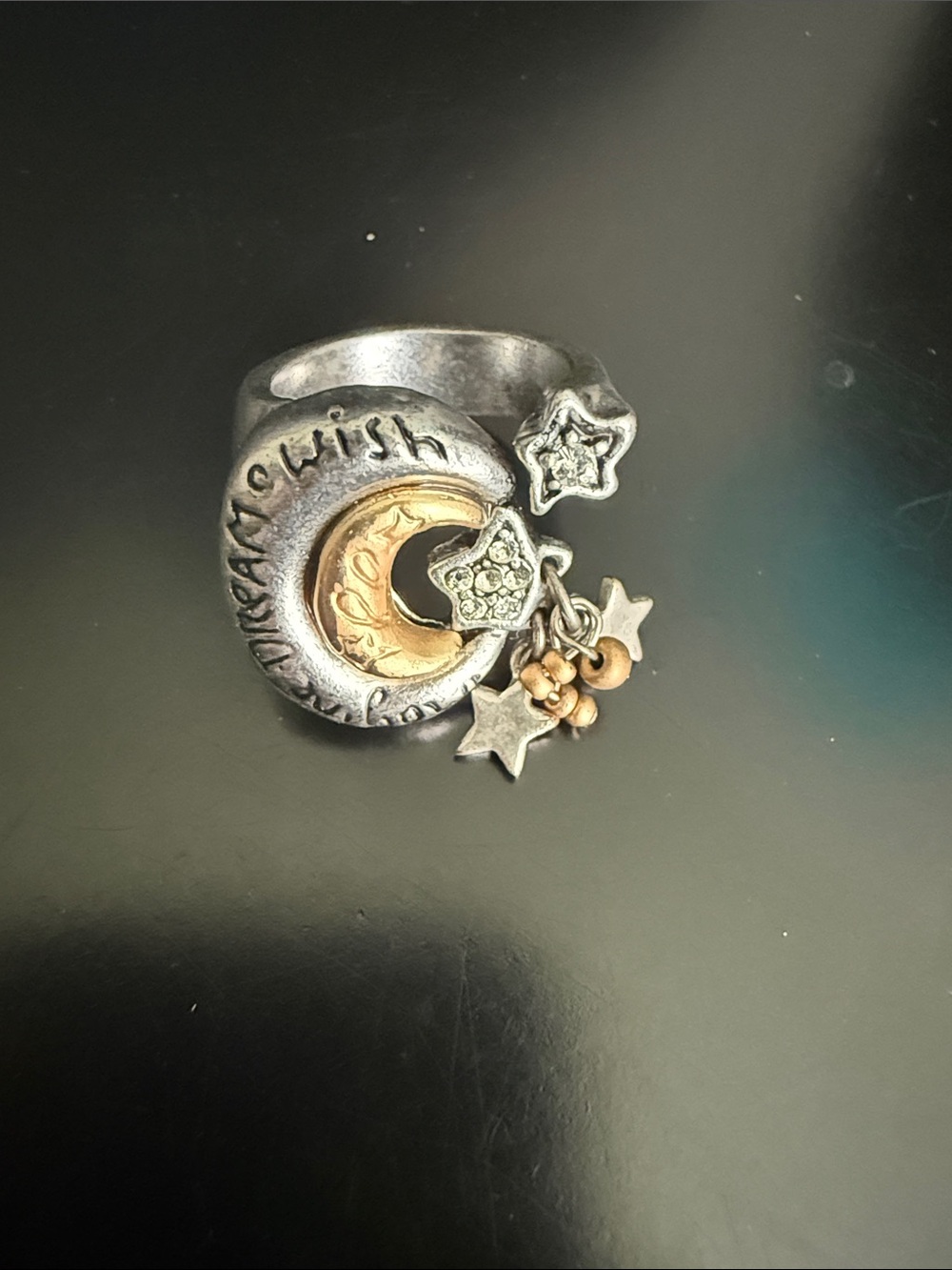 Moon & Star Two-Tone Charm Ring in Silver and Gold